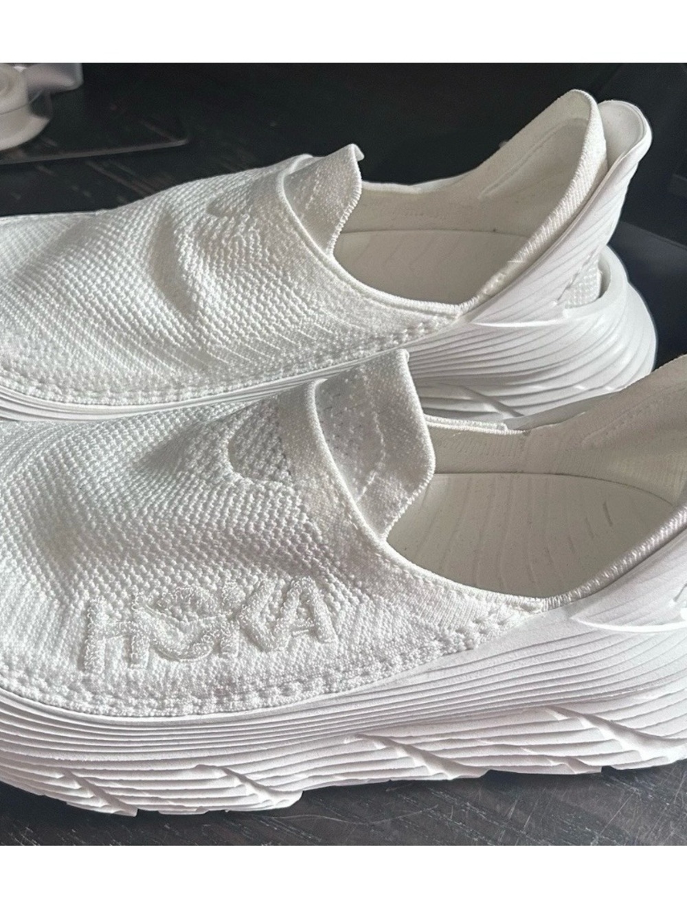 Hoka All-White Slip-On Knit Running Shoes